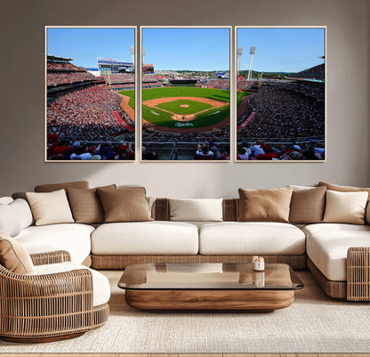90998-MGV-CV-36X24-Baseball Stadium Wall Art – Canvas Print Day Game Field Packed Crowd Bright Blue Sky Sports Photography, Classic Decor for Game