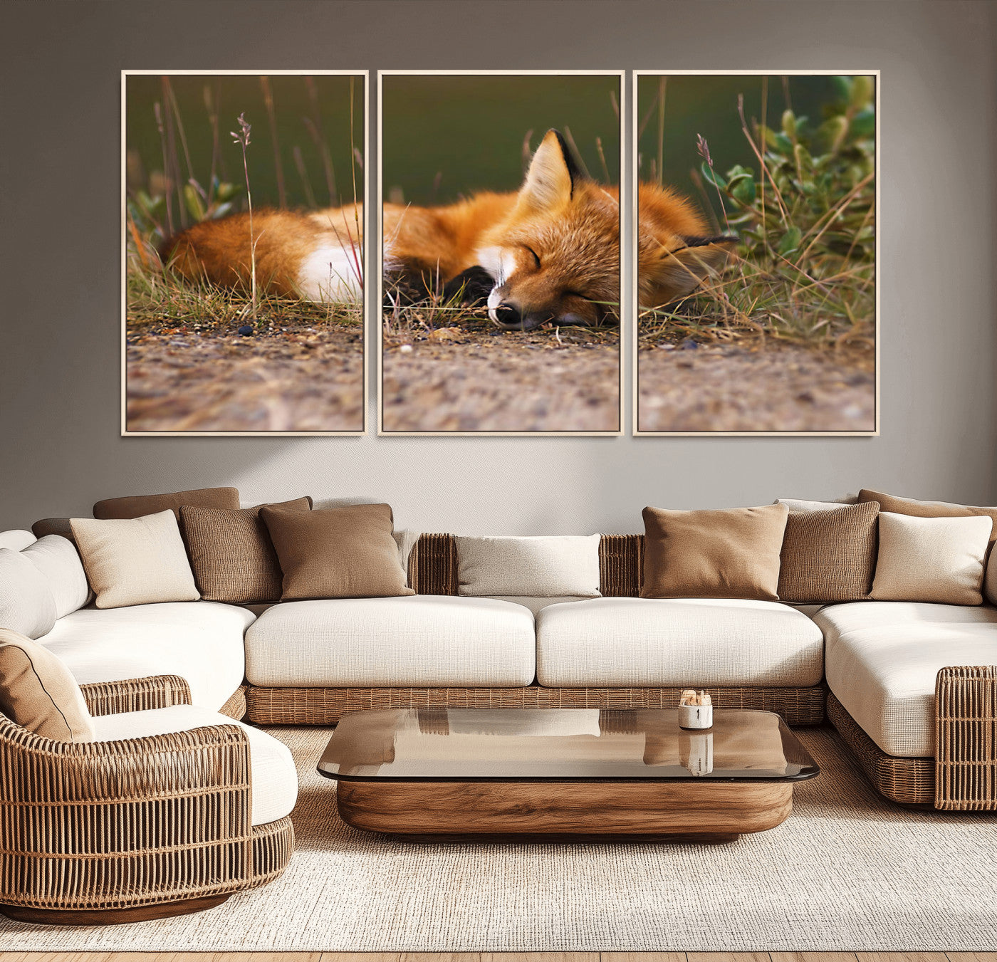25085-MGV-CV-36X24-Sleeping Fox Wall Art Canvas Print, Framed Rustic Fox Art Picture Print, Wildlife Animal Perfect Rustic Farmhouse Decor Artwork