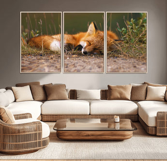 25085-MGV-CV-36X24-Sleeping Fox Wall Art Canvas Print, Framed Rustic Fox Art Picture Print, Wildlife Animal Perfect Rustic Farmhouse Decor Artwork