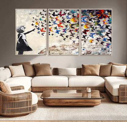 97895-MGV-CV-36X24-Girl with Butterflies Wall Art – Colorful Street Art Style Canvas Print, Modern Graffiti-Inspired Butterfly Artwork for Living
