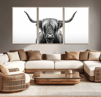 49556-MGV-CV-36X24-Highland Cow Wall Art – Black and White Scottish Highland Cattle Print, Rustic Farmhouse Minimalist Animal Portrait Canvas for
