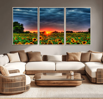 45045-MGV-CV-36X24-Sunflower Field Sunset Wall Art – Dramatic Stormy Sky Landscape Print, Vibrant Yellow Floral Nature Canvas for Living Room,
