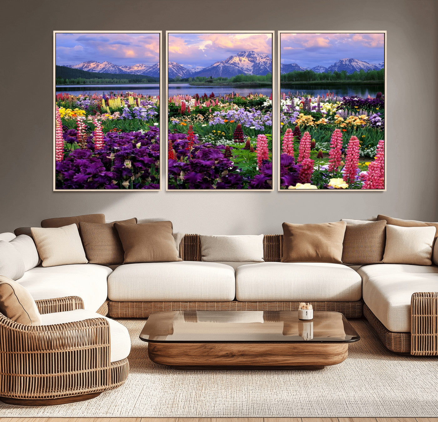 82270-MGV-CV-36X24-Colorful Wildflower Meadow Landscape Wall Art – Snow-Capped Mountain Lake Sunset Print, Vibrant Nature Artwork for Living Room,