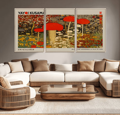 38013-MGV-CV-36X24-Yayoi Kusama Inspired Mushroom Garden Wall Art – Whimsical Botanical Canvas Print, Surreal Nature Poster, Fantasy Floral Artwork