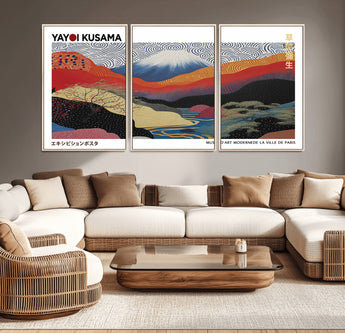 14839-MGV-CV-36X24-Yayoi Kusama Wall Art – Panoramic Mountain & River Canvas Print, Modern Abstract Japanese Landscape Decor for Living Room or