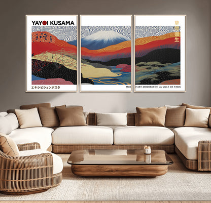14839-MGV-CV-36X24-Yayoi Kusama Wall Art – Panoramic Mountain & River Canvas Print, Modern Abstract Japanese Landscape Decor for Living Room or
