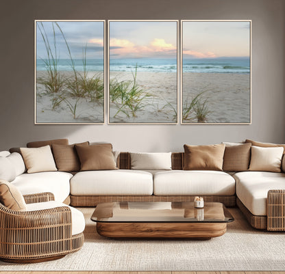 Test1001-MGV-CV-36X24-Coastal Beach Wall Art – Panoramic Ocean Waves and Sandy Dunes Canvas Print, Serene Seascape with Sea Oats for Relaxing Home or