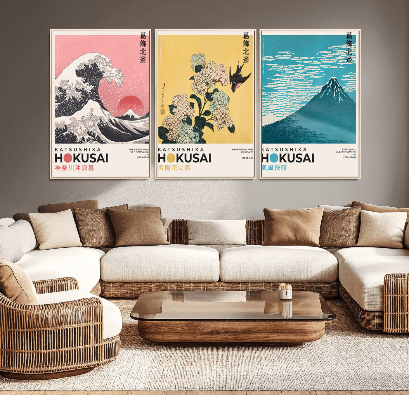 Katsushika-MGV-CV-36X24-Katsushika Hokusai Wall Art Set – The Great Wave, Hydrangea and Swallow, Fine Wind Canvas Prints, Japanese Ukiyo e Style Home and