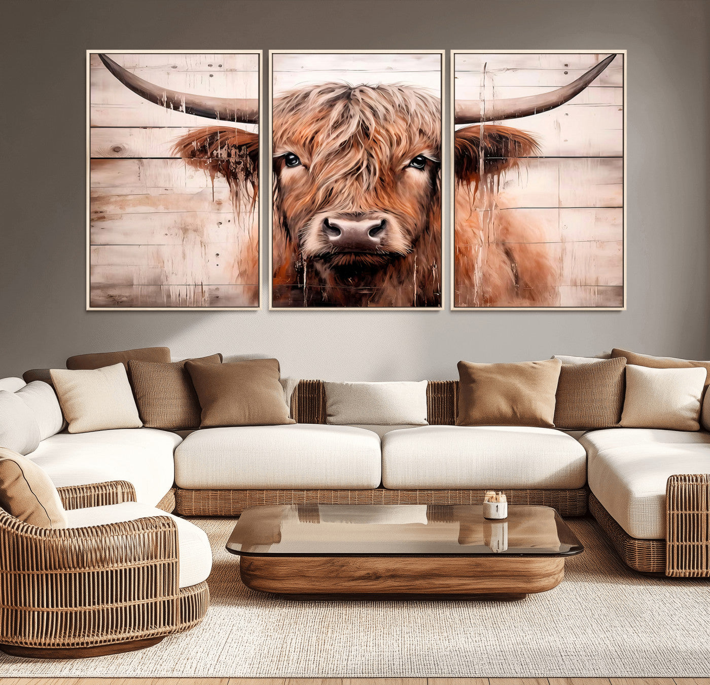 93730-MGV-CV-36X24-Scottish Cow Wall Art Canvas Print, Framed Longhorn Cow Art Picture Print, Highland Cattle Perfect Rustic Farmhouse Decor Artwork