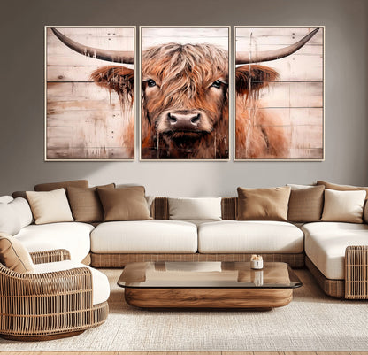93730-MGV-CV-36X24-Scottish Cow Wall Art Canvas Print, Framed Longhorn Cow Art Picture Print, Highland Cattle Perfect Rustic Farmhouse Decor Artwork