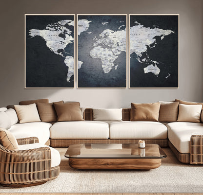 19124-MGV-CV-36X24-Modern World Map Wall Art – Black and White Canvas Print, Minimalist Global Map Decor for Office, Study, Bedroom or Living Room