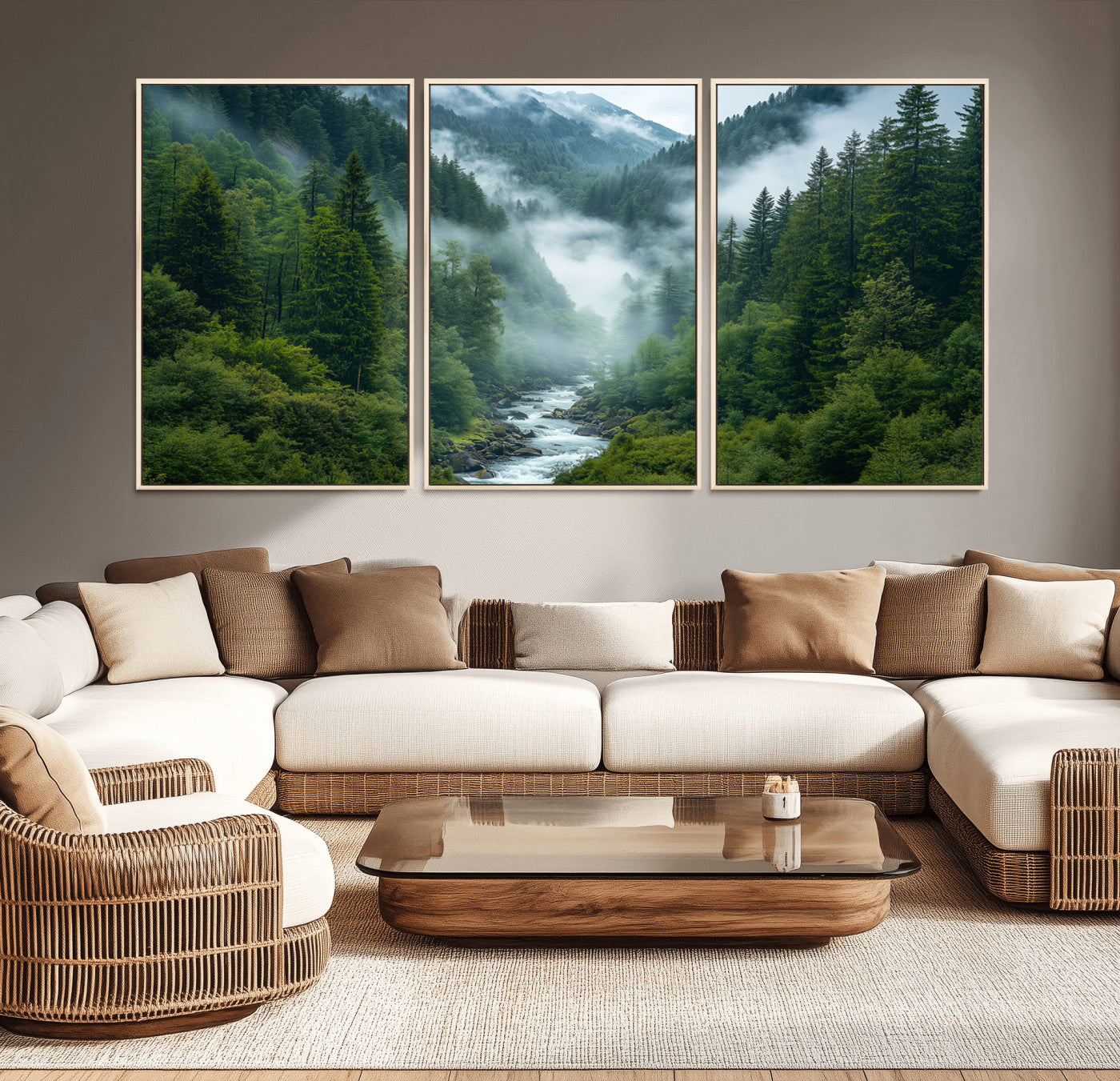 69453-MGV-CV-36X24-Mountain Forest Wall Art – Misty River and Evergreen Landscape Canvas Print, Nature Photography Poster for Living Room, Bedroom,