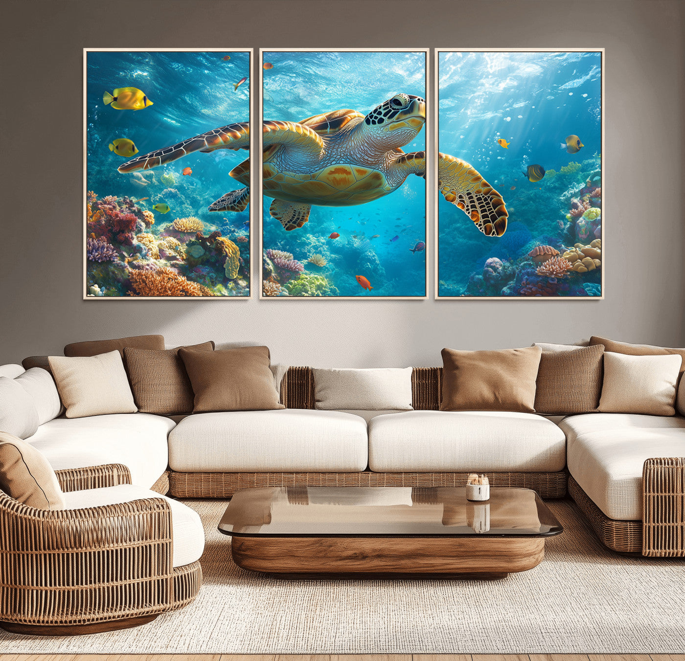37623-MGV-CV-36X24-Sea Turtle Wall Art – Underwater Ocean Canvas Print with Coral Reef and Tropical Fish, Marine Life Painting Poster for Living