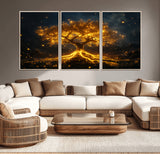 60194-MGV-CV-36X24-Glowing Tree Wall Art – Golden Roots Fantasy Canvas Print, Mystical Illuminated Tree Painting Poster for Living Room, Bedroom,