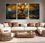 92739-MGV-CV-36X24-Glowing Tree Wall Art – Enchanted Golden Forest Canvas Print, Mystical Illuminated Nature Painting Poster for Living Room,