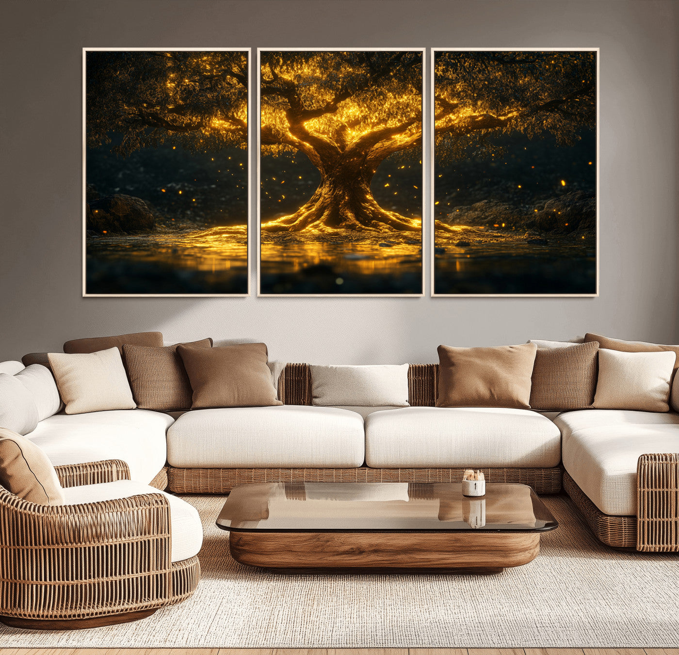 59580-MGV-CV-36X24-Glowing Tree Wall Art – Golden Fantasy Nature Canvas Print, Mystical Illuminated Tree Painting Poster for Living Room, Bedroom,