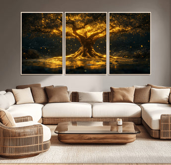 59580-MGV-CV-36X24-Glowing Tree Wall Art – Golden Fantasy Nature Canvas Print, Mystical Illuminated Tree Painting Poster for Living Room, Bedroom,
