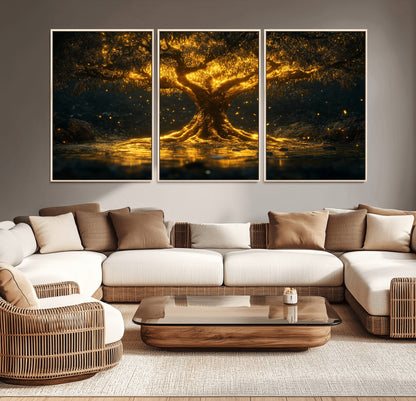 59580-MGV-CV-36X24-Glowing Tree Wall Art – Golden Fantasy Nature Canvas Print, Mystical Illuminated Tree Painting Poster for Living Room, Bedroom,
