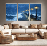 32668-MGV-CV-36X24-Stormy Pier Wall Art – Ocean Waves and Street Lamps Canvas Print, Rainy Night Seascape Oil Painting Poster for Living Room,