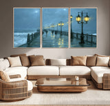 79606-MGV-CV-36X24-Rainy Pier Night Wall Art – Ocean Waves and Street Lamps Canvas Print, Moody Seascape Oil Painting Poster for Living Room,