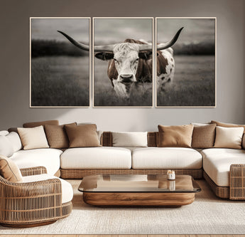 69238-MGV-CV-36X24-Longhorn Bull Wall Art – Rustic Black and White Texas Cattle Canvas Print, Western Farmhouse Animal Photography for Living Room,