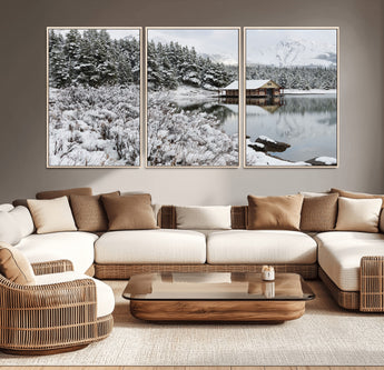 94285-MGV-CV-36X24-Snowy Cabin Wall Art Canvas Print, Framed Winter Cabin Art Picture Print, Mountain Lake Perfect Snowy Nature Decor Artwork