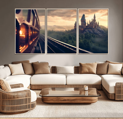 84029-MGV-CV-36X24-Fantasy Castle Wall Art – Magical Train Sunset Forest Canvas Print, Enchanted Landscape Painting Poster for Living Room, Bedroom,
