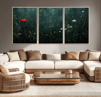 26218-MGV-CV-36X24-Wildflower Wall Art – Dark Botanical Floral Canvas Print, Modern Nature Painting Poster with Daisy Poppy Yellow Flowers for Living