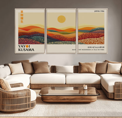 88180-MGV-CV-36X24-Yayoi Kusama Landscape Wall Art – Abstract Dotted Mountain Canvas Print, Retro Sun Poster for Modern Living Room, Office or