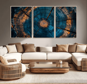 65231-MGV-CV-36X24-Blue and Gold Tree Ring Wall Art – Rustic Abstract Wood Slice Canvas Print, Modern Nature Inspired Artwork for Living Room,