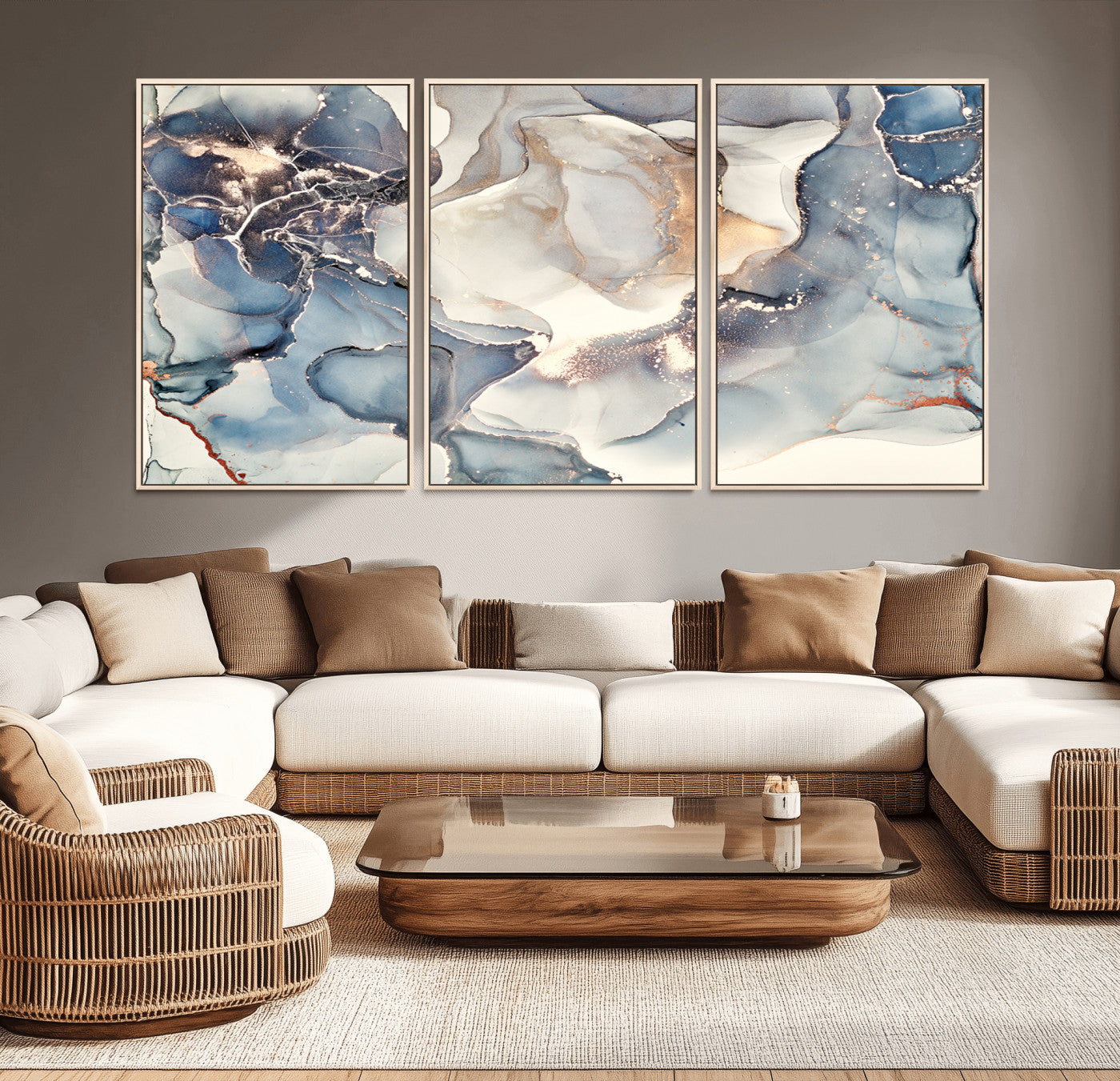 51497-MGV-CV-36X24-Abstract Blue and Gold Wall Art – Modern Fluid Ink Style Canvas Print, Elegant Contemporary Decor for Living Room, Office