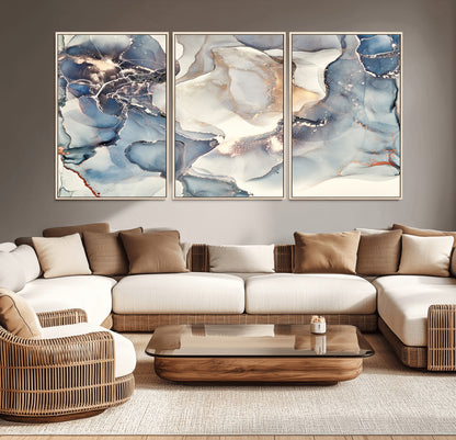 51497-MGV-CV-36X24-Abstract Blue and Gold Wall Art – Modern Fluid Ink Style Canvas Print, Elegant Contemporary Decor for Living Room, Office