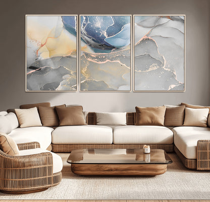 18176-MGV-CV-36X24-Abstract Fluid Wall Art – Modern Marble Ink Canvas Print with Blue, Gold, and Gray Tones, Contemporary Minimal Artwork Decor for