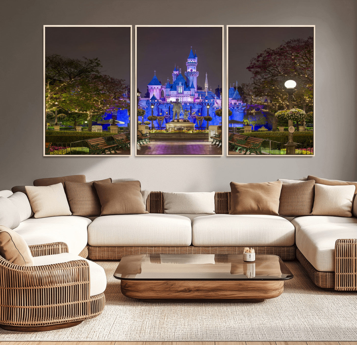 63560-MGV-CV-36X24-Fairy Tale Castle Wall Art – Magical Night Scene Canvas Print with Lights and Gardens, Fantasy Architecture Artwork for Living