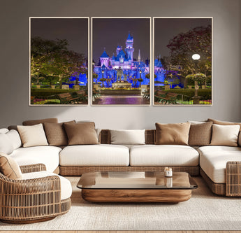 63560-MGV-CV-36X24-Fairy Tale Castle Wall Art – Magical Night Scene Canvas Print with Lights and Gardens, Fantasy Architecture Artwork for Living