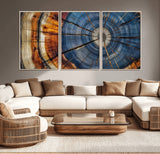 10583-MGV-CV-36X24-Tree Ring Wall Art – Abstract Wood Grain Canvas Print with Blue and Brown Tones, Nature Inspired Rustic Artwork for Living Room,