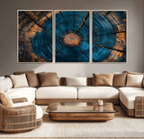 13398-MGV-CV-36X24-Tree Ring Wall Art – Abstract Wood Grain Canvas Print with Blue and Orange Accents, Rustic Nature Inspired Artwork for Living