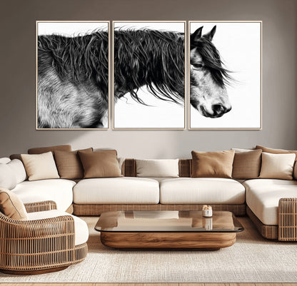 57694-MGV-CV-36X24-Horse Portrait Wall Art – Black and White Canvas Print with Detailed Stallion Profile, Rustic Farmhouse Equestrian Artwork for