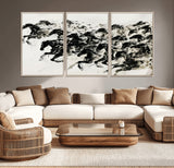 23069-MGV-CV-36X24-Galloping Horses Wall Art – Black Ink Painting on Canvas, Dynamic Equestrian Artwork with Running Stallions, Expressive Modern