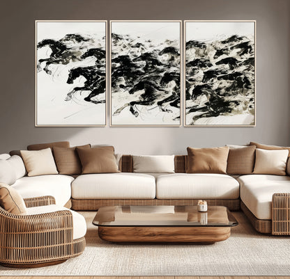 23069-MGV-CV-36X24-Galloping Horses Wall Art – Black Ink Painting on Canvas, Dynamic Equestrian Artwork with Running Stallions, Expressive Modern