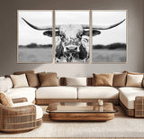 20272-MGV-CV-36X24-Texas Longhorn Wall Art – Black and White Cowboy Western Canvas Print, Rustic Farmhouse Cattle Photography Decor for Ranch, Barn