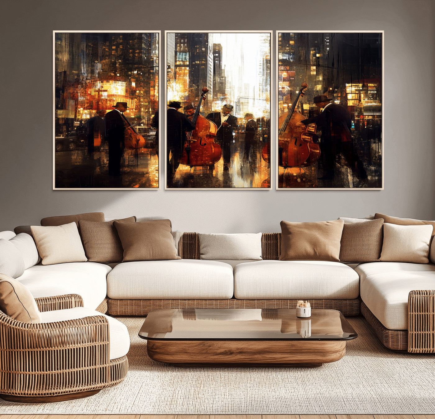 58782-MGV-CV-36X24-Jazz Musicians Cityscape Wall Art – Vibrant Urban Night Canvas Print, Elegant Music Themed Decor for Living Room, Office, or Music