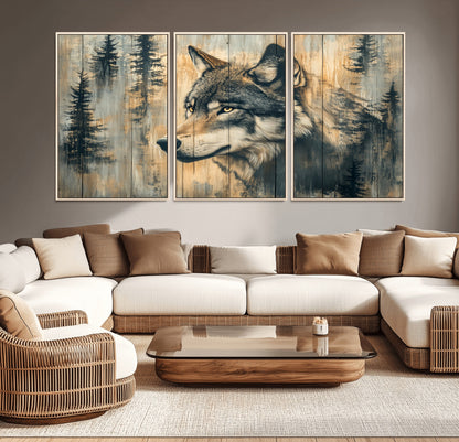 51892-MGV-CV-36X24-Wolf Wall Art – Rustic Canvas Print of Wolf with Forest Trees on Wood Texture, Wildlife Lodge Artwork for Living Room, Bedroom,