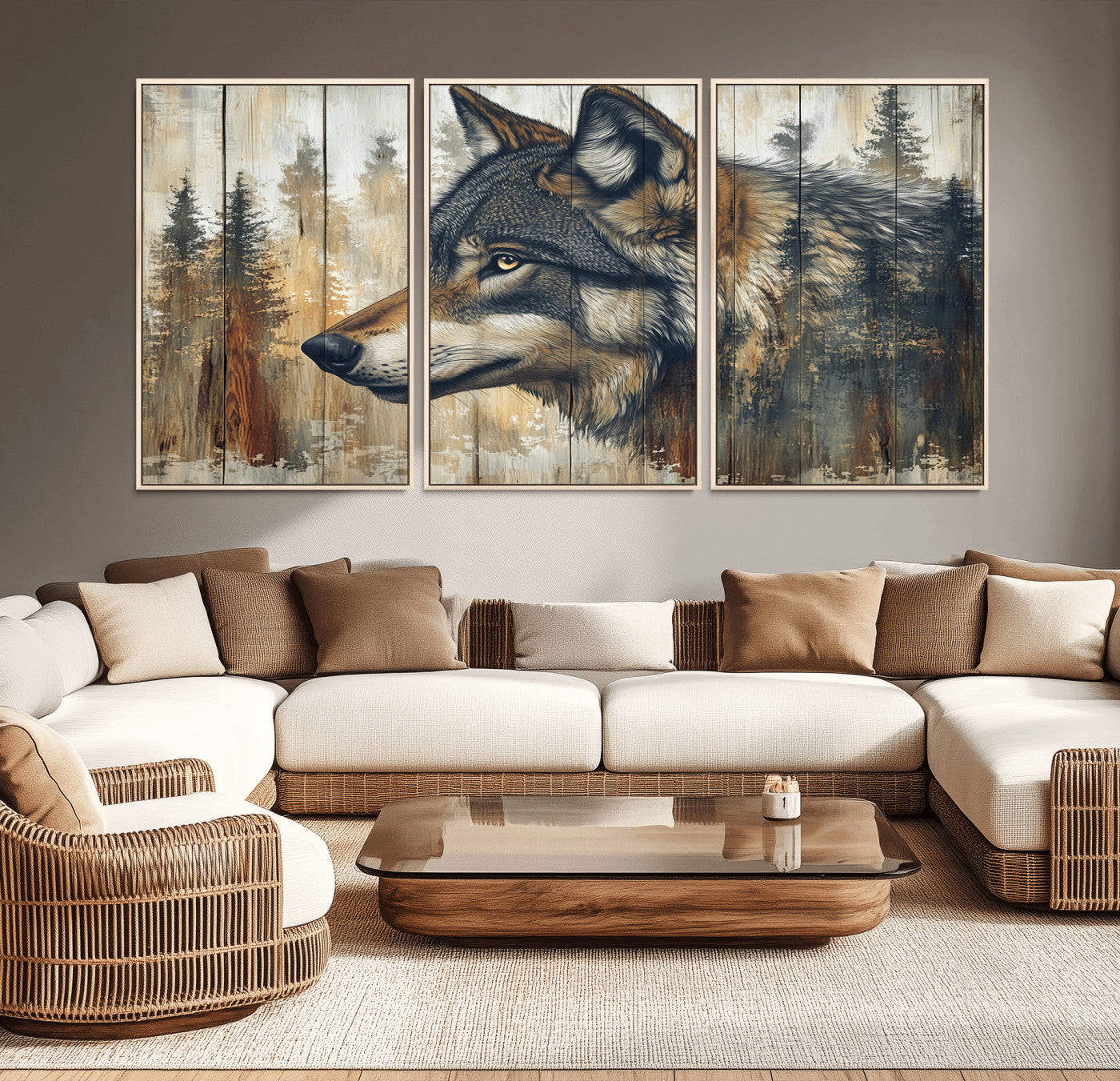 91882-MGV-CV-36X24-Wolf Wall Art – Rustic Canvas Print of Forest Wolf on Wood Background, Wildlife Lodge Artwork for Living Room, Bedroom, Cabin, or