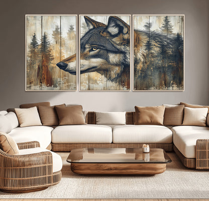 91882-MGV-CV-36X24-Wolf Wall Art – Rustic Canvas Print of Forest Wolf on Wood Background, Wildlife Lodge Artwork for Living Room, Bedroom, Cabin, or