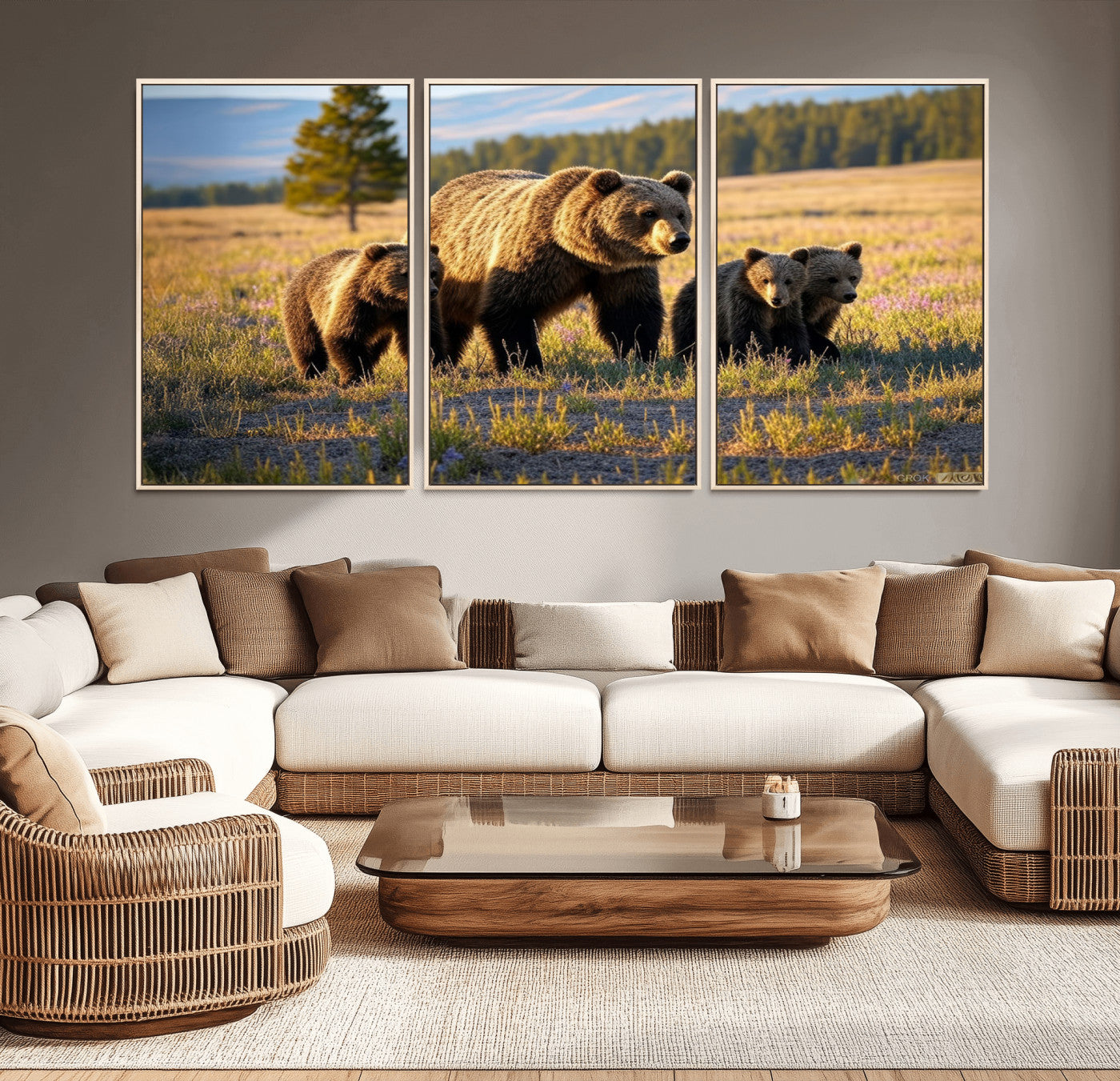 43400-MGV-CV-36X24-Bear Family Wall Art – Wildlife Canvas Print of Mother Bear with Cubs in Sunlit Meadow, Rustic Animal Artwork for Living Room,