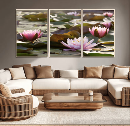 28394-MGV-CV-36X24-Water Lily Pond Wall Art – Pink Lotus Flowers Canvas Print with Green Lily Pads, Peaceful Botanical Artwork for Living Room,