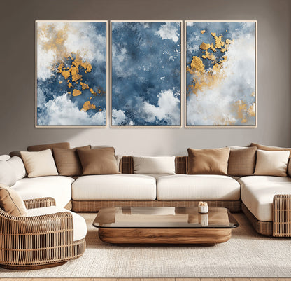 39575-MGV-CV-36X24-Blue and Gold Abstract Wall Art – Modern Canvas Print Featuring Cloudy Textures with Metallic Accents, Contemporary Artwork for