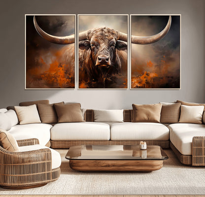 240479-MGV-CV-36X24-Longhorn Bull Wall Art – Dramatic Western Canvas Print Featuring Horned Bull with Fiery Background, Rustic Farmhouse Artwork for
