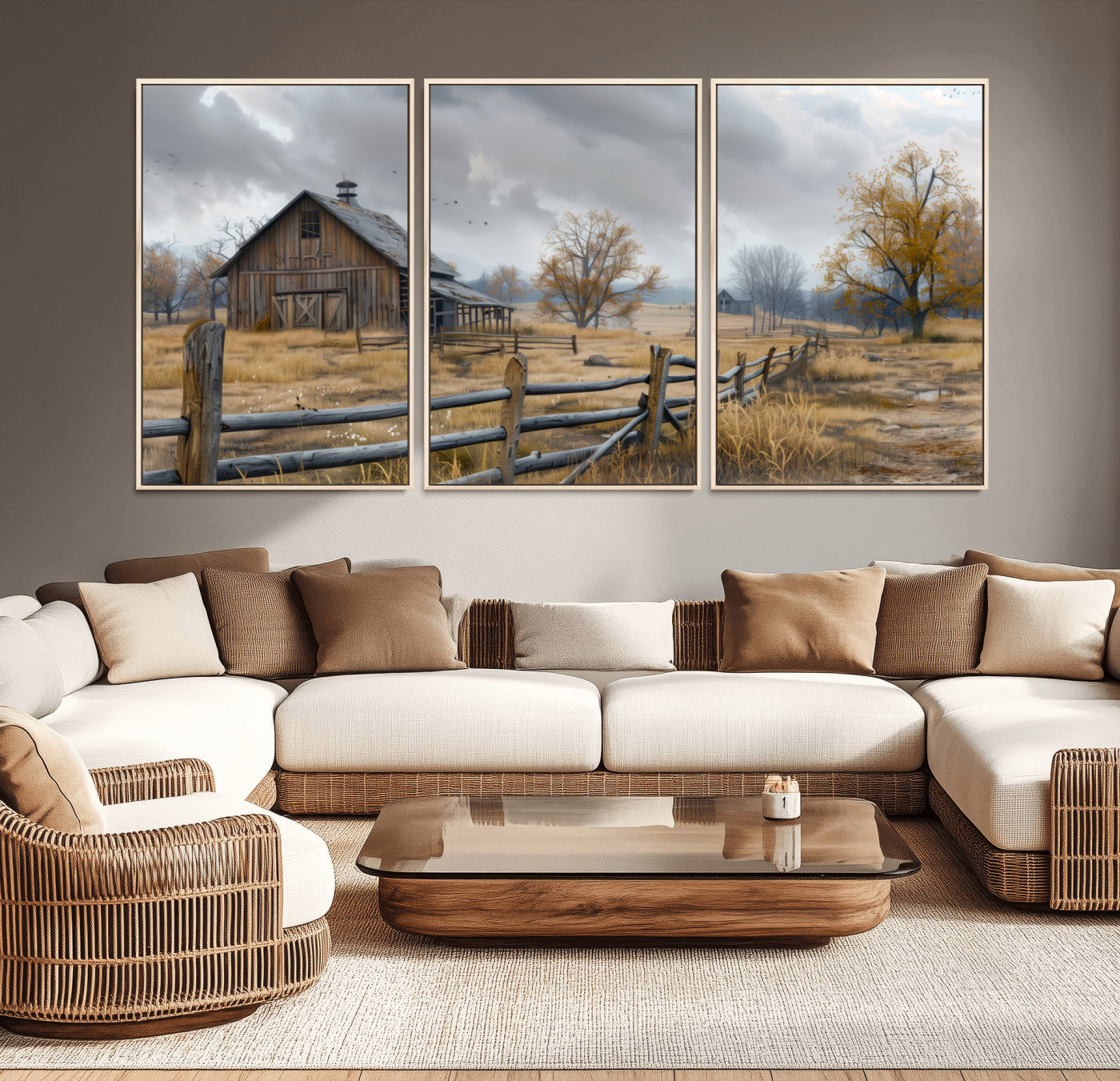 Farm1-MGV-CV-36X24-Rustic Autumn Farmhouse Wall Art – Serene Countryside Scene Canvas Print, Weathered Barn and Autumn Trees Decor for Living Room,